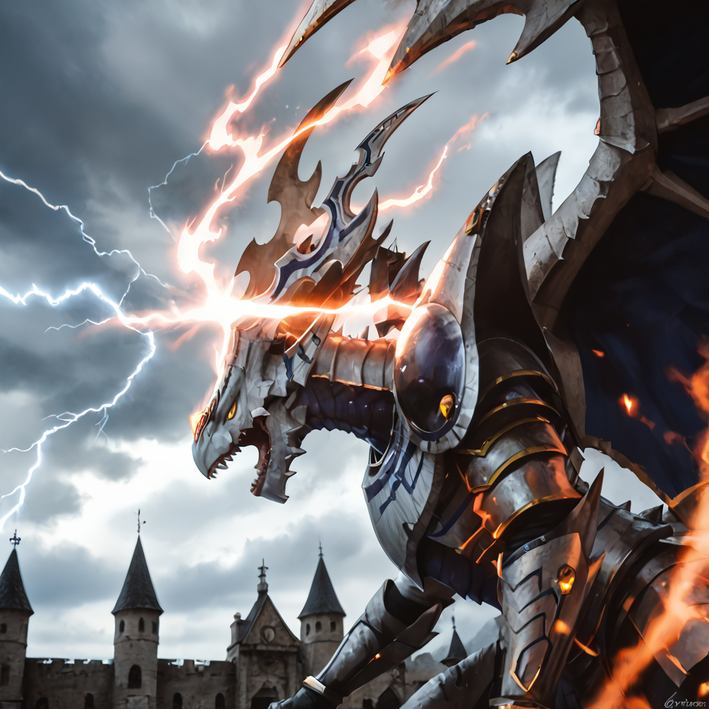 score_9, score_8_up, score_7_up, score_6_up, score_5_up, score_4_up, rating_safe,photo,realistic,cinematic,DLSR,film grain, zPDXLrl,solo,no humans,dragon focus,dorugoramon,wings,horns,cropped,upper body,miasma,darkness aura,glowing yellow eyes,red forehead gem,cloudy sky,lightning storm,castle,destroyed builging,lightning strike,flying,spread wings, <lora:DORUgoramonPony:0.97>