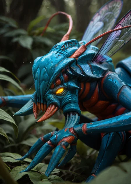 macro shot of an insect,
<lora:weaver_v3:0.8>weaver_v3,
no humans, pokemon (creature), monster, insect,
yellow eyes, glowing eyes, colored sclera,
claws,
teeth, sharp teeth, fangs,
horns, spikes, antennae, two antennas in the head,
blue skin, colored skin, wet skin
arthropod limbs, extra arms, multiple legs,
insect wings, wings,
hyper detail, hq, 8k, score_9, score_8_up, score_7_up, score_6_up, derpibooru_p_95,
detailed eyes, beautiful, detailed background, perfect eyes,
solo,
cautiously advancing through a dense jungle,eyes scanning the surroundings for threats,early morning setting with fog hanging low among the trees,ultra-high-definition textures,cinematic composition,lush greenery,foggy atmosphere,intricate details in her tactical gear with utility belt and holsters,, holding pistol in each hand, side view,
blur censor, blurry, blurry background, blurry foreground, bokeh, motion blur,
chromatic aberration, depth of field, figure, focused, focus
photography, realistic sun light and shadows, photorealism, UHD --ar 9:16 --style raw --stylize 700,