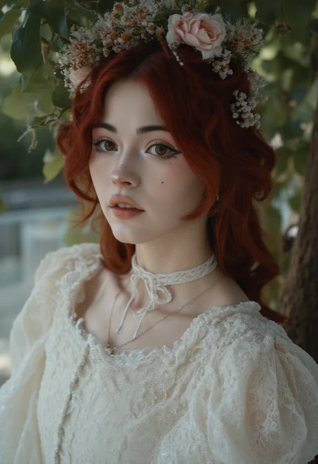 The image is a high-resolution photograph featuring a young woman KTNK with a delicate, ethereal aesthetic. She has fair skin and long, curly auburn hair styled in loose waves. Her eyes are a striking shade of blue, and she has a serene, almost ethereal expression. She is dressed in a voluminous, white, lace gown with puffed sleeves and a high neckline, giving her an old-fashioned, almost Victorian appearance.