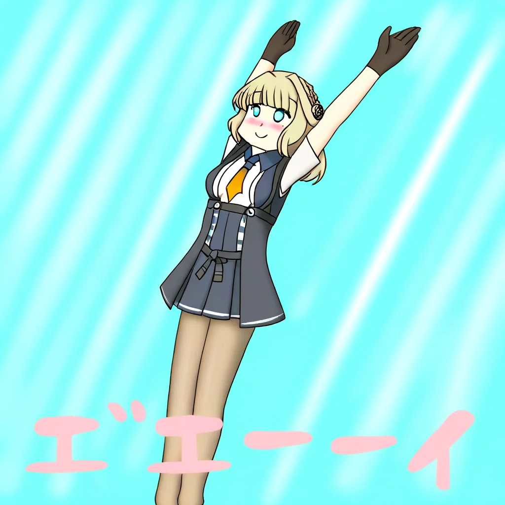 1girl,solo,hs_kn,dutch angle,jumping,falling from the sky,arms raised in the air,legs together,Japanese text, "0¨00¨0ü0¤",ranger \(kancolle\),smile