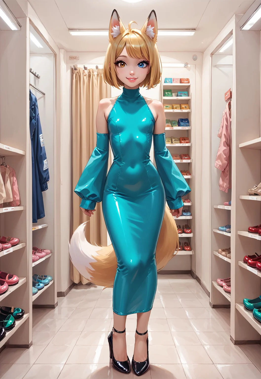 safe_pos, score_9, score_8_up, score_7_up,source_anime, front view, standing, fitting room, ceiling, curtains, shop, indoors, cute, eyelashes, petite kitsune girl, solo, fox ears, fox tail, innocent, porcelain skin, medium hips, thin waist, smile, short hair, blonde hair, swept bangs, straight hair, blue eyes, heterochromia, brown eyes, big lips, grey lips, small breasts, sleeveless dress, impossible dress, taut dress, long dress, turtleneck, (aqua hobble dress:1.5), fused legs, long skirt, detached sleeves, (thumb hole sleeves:1.4), high heels, pumps, stiletto heels, black footwear, heel up, shiny footwear, shadow, colored shoe soles, shoe soles, polished shoes, white stockings, petite body, vivid colors, volumetric lighting, cinematic lighting