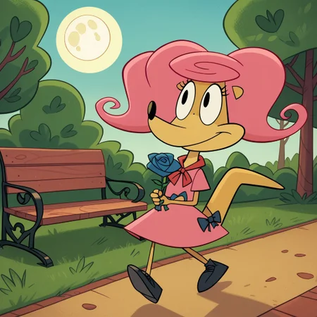 score_9, score_8_up, score_7_up, score_6_up, score_5_up,
best quality, masterpiece, thinking, smirks, Full Body, Romantic, Small Body, Furry, looking_pleasured, 1girl, solo, furry, Patsy_CL, tail, black eyes, bright pink hair, pink dress, red bow, blue rose, park, outside, full moon, walking, benches, street