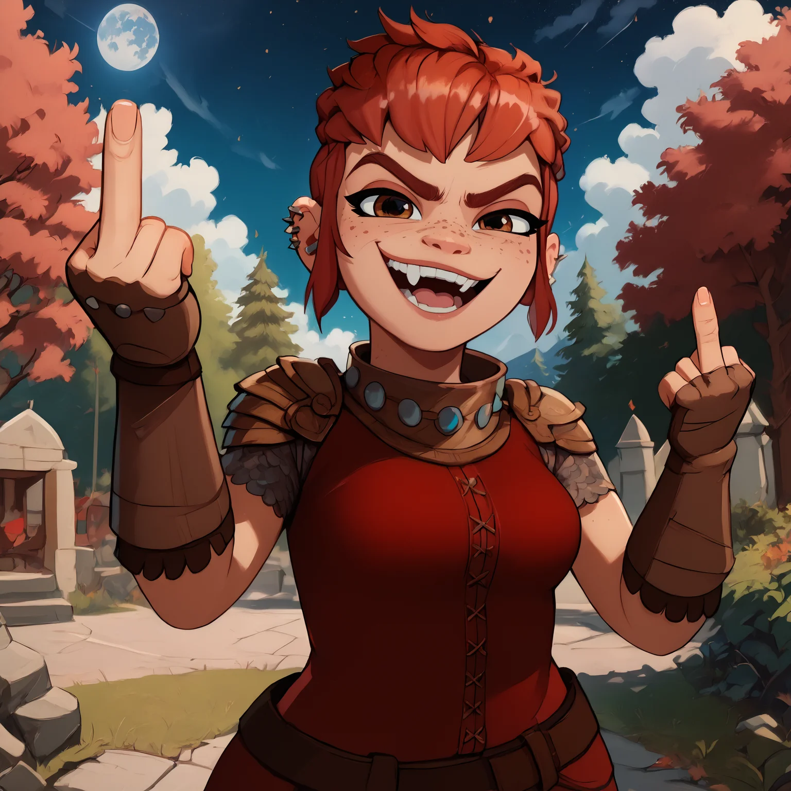 score_9, score_8_up, score_7_up, (emphasized-details:1.3), good_hands, better_hands, fckYou, middle finger, NimonaXL, short red hair, sidelocks, brown eyes, freckles, smug, smiling, open mouth, ear piercing, miniskirt, red tunic, looking at viewer, (fingerless gloves:1.3), shoulder armor, medium breasts, slender torso, standing, cowboy shot, night, outdoors, beautiful nature landscape, in a forest, numerous trees in background, <lora:NimonaXL-11:0.9> <lora:pony_good_hands:1> <lora:PonyXL-FkckU-Finger-11:1> <lora:detailed_notrigger:2>