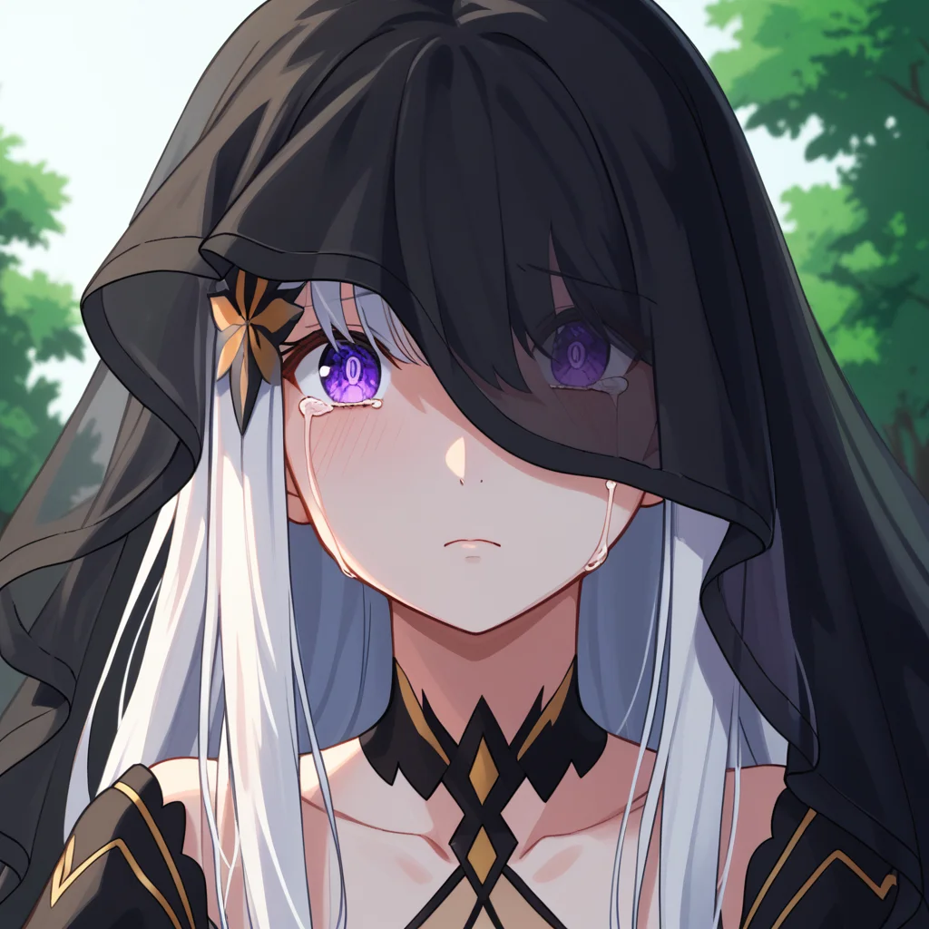 (Score_9, score_7:0.6), (masterpiece, best quality, good quality, newest:0.6),Satella, 1girl, long hair, white hair, tears, looking at viewer, dark aura, crying with eyes open, blue pupils, purple eyes, black veil, portrait, closed mouth, collarbone, upper body, outdoors, see-through veil, eye visible under veil, hair ornament, veil over eyes, covered eyes, <lora:Satella-XL-V3:1>âââ