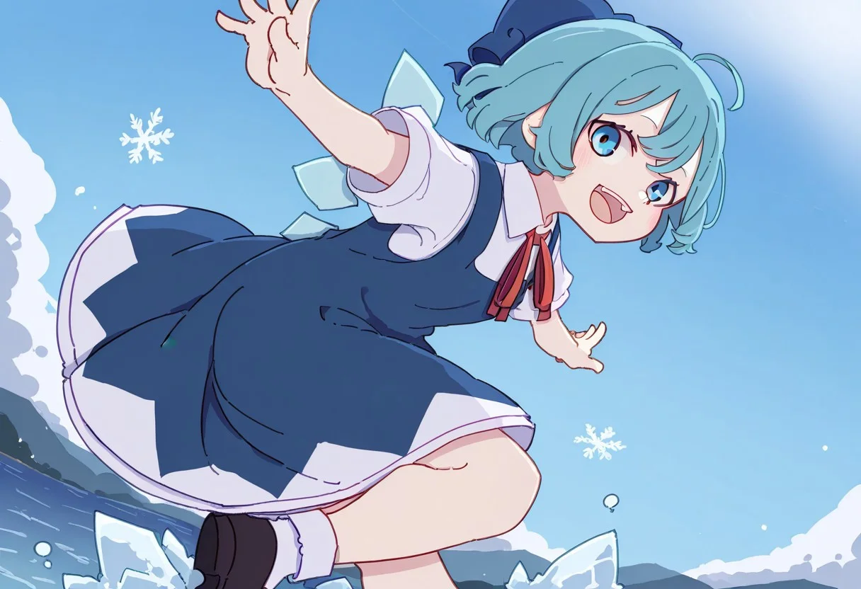 masterpiece, best quality, very aesthetic, absurdres, artist:kame \(kamepan44231\), by kame, kame_official, 1girl, cirno, :D, blue bow, blue dress, blue eyes, blue hair, blue sky, blush, bow, breasts, collared shirt, cryokinesis, day, detached wings, dress, hair bow, ice, ice wings, looking at viewer, neck ribbon, open mouth, outdoors, outstretched arms, pinafore dress, puffy short sleeves, red ribbon, ribbon, shirt, black shoes, sky, sleeveless dress, snowflakes, socks, solo, water, white shirt, white socks, wings