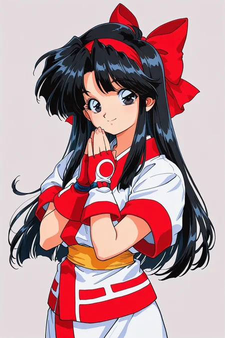 NakoRuru,1girl,solo,long hair,red bow,bow,black hair,1990s (style),retro artstyle,hair bow,fingerless gloves,hairband,gloves,black eyes,ainu clothes,smile,own hands together,simple background,traditional media,looking at viewer,
<lora:hrn_yc_illustriousXL:1>,