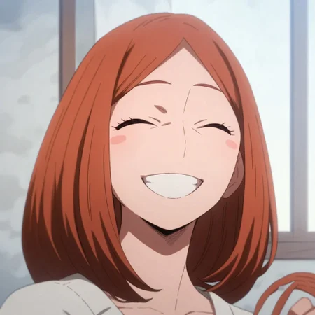 <lora:SlimesUrarakasMom:1>, score_9, score_8_up, score_7_up, slimes_urarakasmom, woman, solo, smiling, surprised, eyes closed