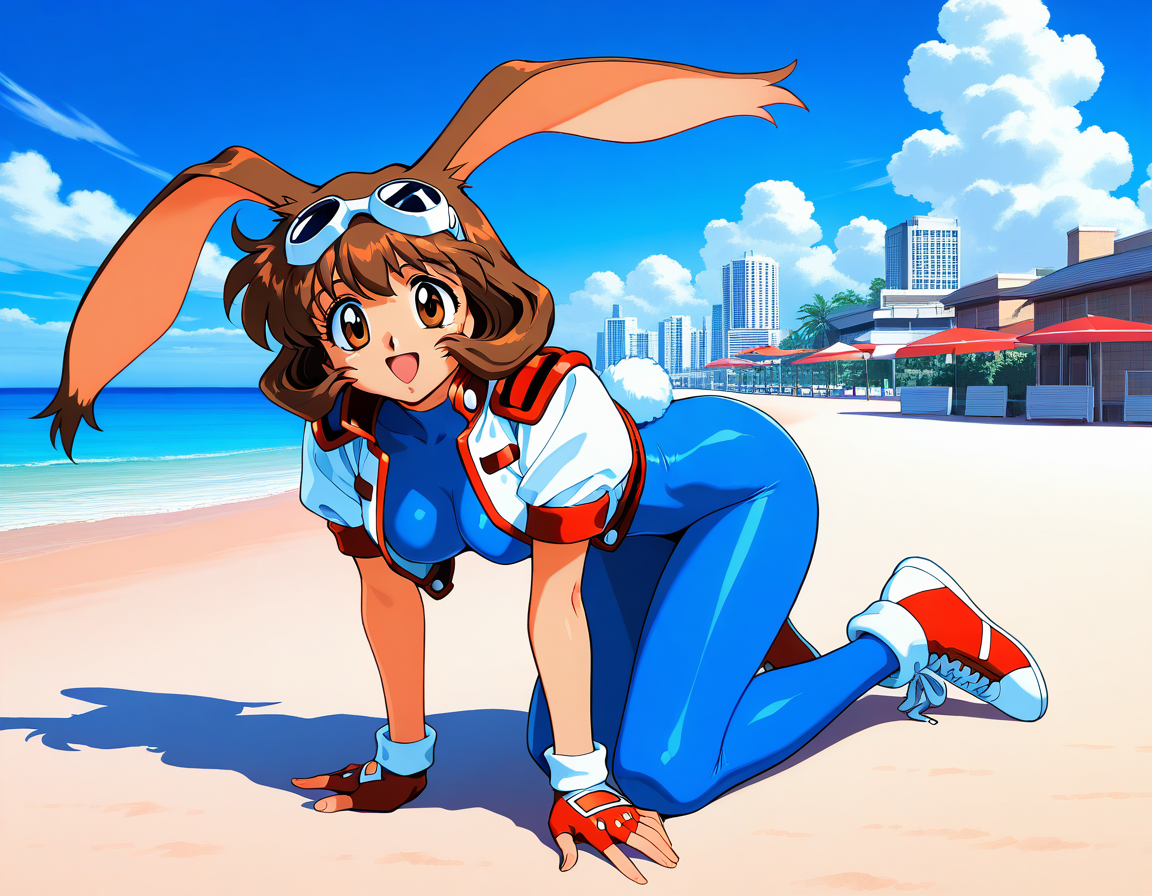 masterpiece, best quality, good quality, <lora:Makihara_Arina_IS:1>Makihara_Arina, brown hair, animal ears, goggles on head, rabbit ears, brown eyes, 1990s (style),  medium breasts,
1girl, solo, gloves,  fingerless gloves, blue bodysuit, sneakers, cropped jacket, open mouth, smile,
 bodysuit, shoes, looking at viewer, jacket, full body, 
eyewear on head, bangs, spandex
blue sky, beach, building, clouds,