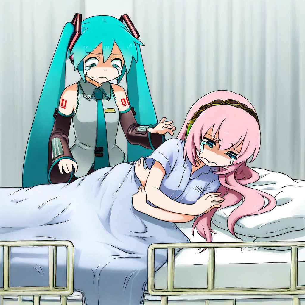 masterpiece, best quality, absurdres, lo_su_qu, 2girls, female focus, Hatsune Miku, aqua hair, twintails, aqua eyes, necktie, collared shirt, sleeveless, detached sleeves, tattoo, skirt, pleated skirt, standing, frown, looking down, megurine luka, pink hair, long hair, hospital gown, lying, on side, on bed, crying, under covers, hospital bed, indoors,