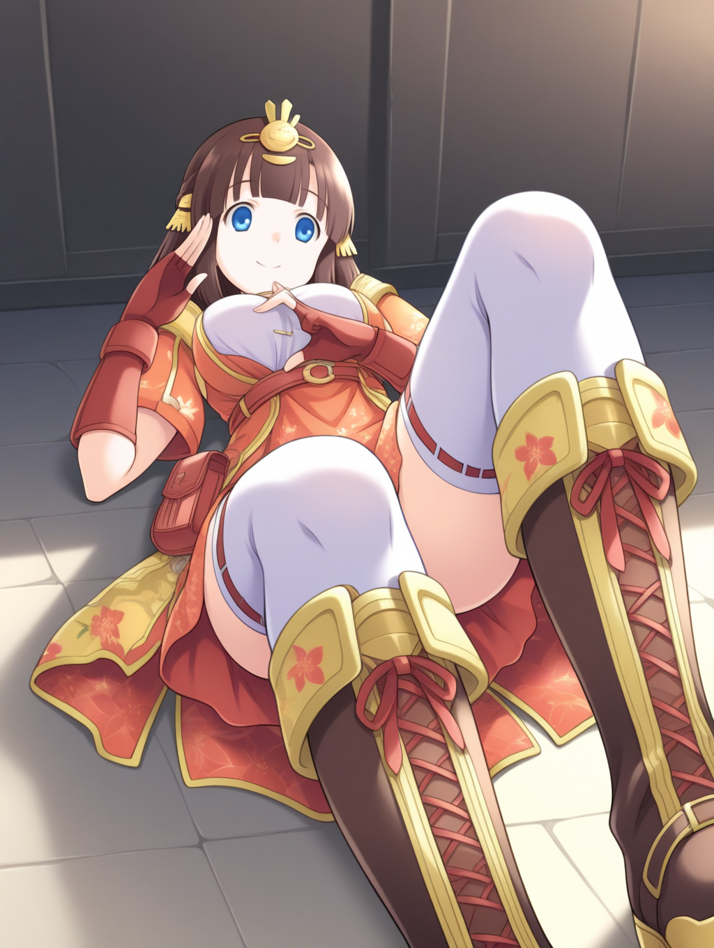 perfect quality,best quality,absolutely eye-catching,ambient occlusion,raytracing BREAK
1girl,<lora:miki hinamaturi IL v1.1:0.8>,hinamaturi,brown hair,medium hair,hair ornament,blue eyes,dress,short dress,fingerless gloves,thighhighs,boots,solo,, from below,macro_shot,on back,fingers_together,salute,reclining,