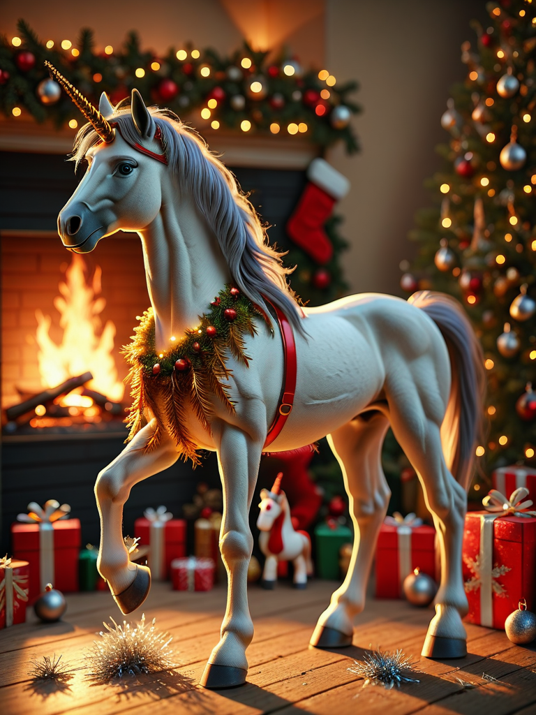 Animal Christmas,  animal focus, blue eyes, closed mouth, fireside, Christmas Decorations, tinsel on horn, from side, full body, horse, no humans, rearing, simple background, solo, unicorn
 <lora:Animal_Christmas:1>