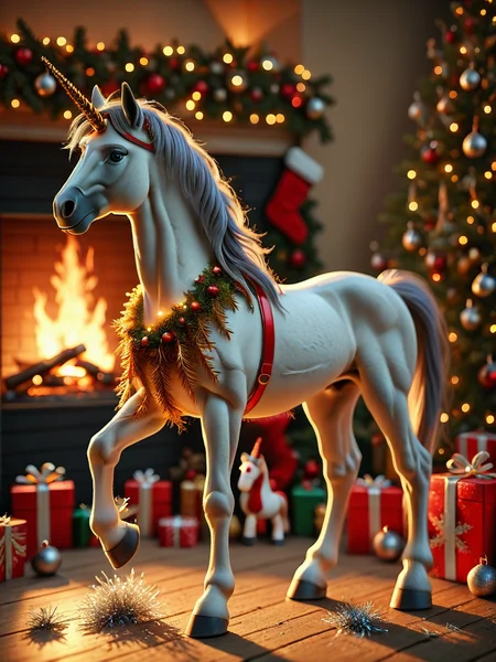 Animal Christmas,  animal focus, blue eyes, closed mouth, fireside, Christmas Decorations, tinsel on horn, from side, full body, horse, no humans, rearing, simple background, solo, unicorn
 <lora:Animal_Christmas:1>