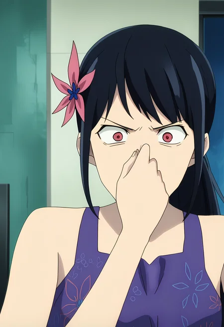 score_9, score_8_up, score_7_up, source_anime,
BREAK
1girl, solo, anime screencap, anime coloring,
<lora:shiYeonFinalV1:1>,
yeonpurp, long hair, black hair, red eyes, hair ornament, hair flower, ponytail, bare shoulders, purple dress, sleeveless dress, floral print,
raised eyebrows, surprised, disgust,
<lora:shiFinalTestV1:1>, selfnosepinch, covering_own_mouth,