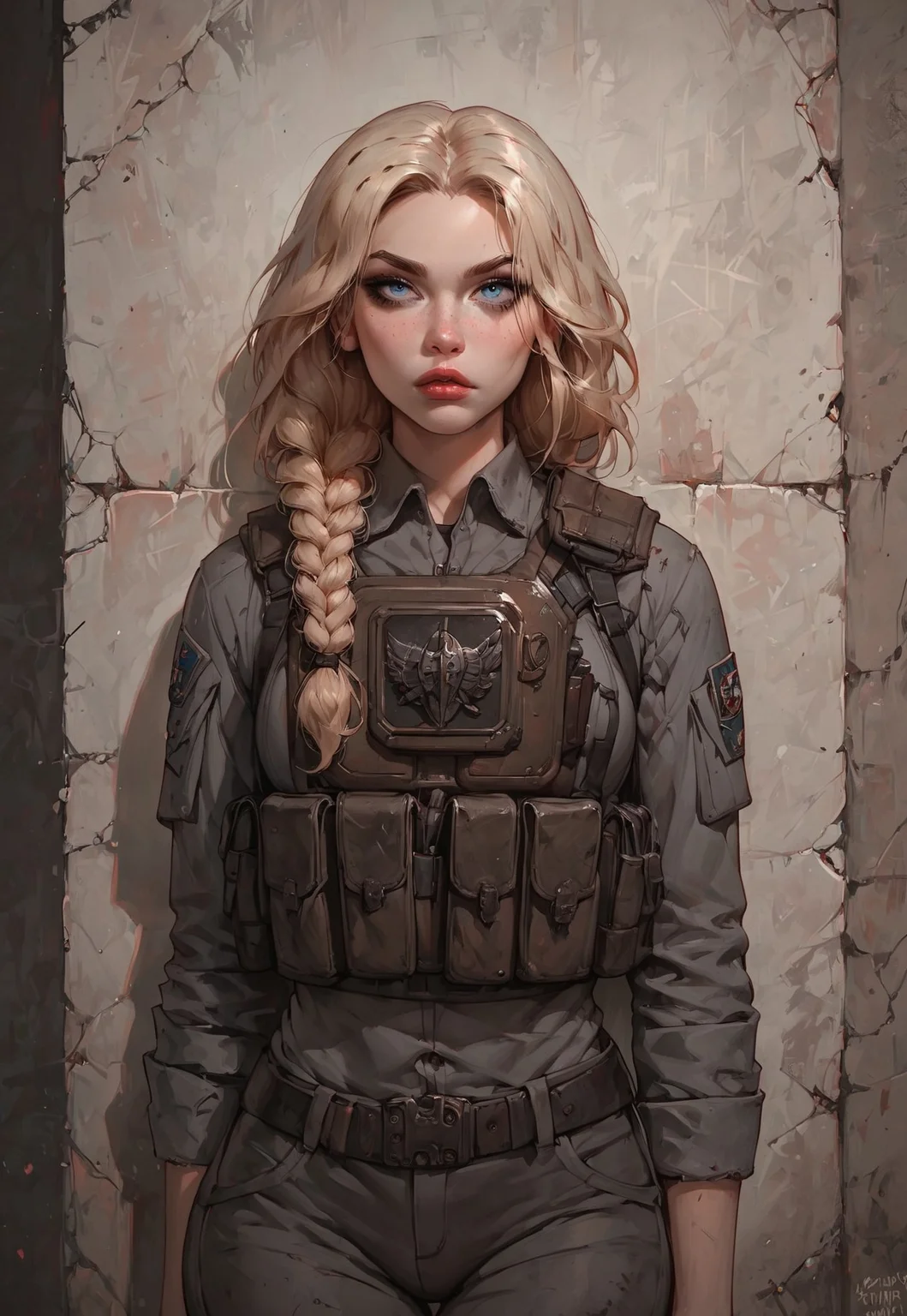 score_9, score_8_up, score_8_up, 1girl, blonde hair, blue eyes, MiraBelle666, fit body, hiding behind crumbling wall, ruins, wasteland, grey rugged military uniform, tactical clothes, tactical vest, armor, dark-grey skies, wasteland, g0thicPXL, <lora:g0th1cPXL:0.45>,