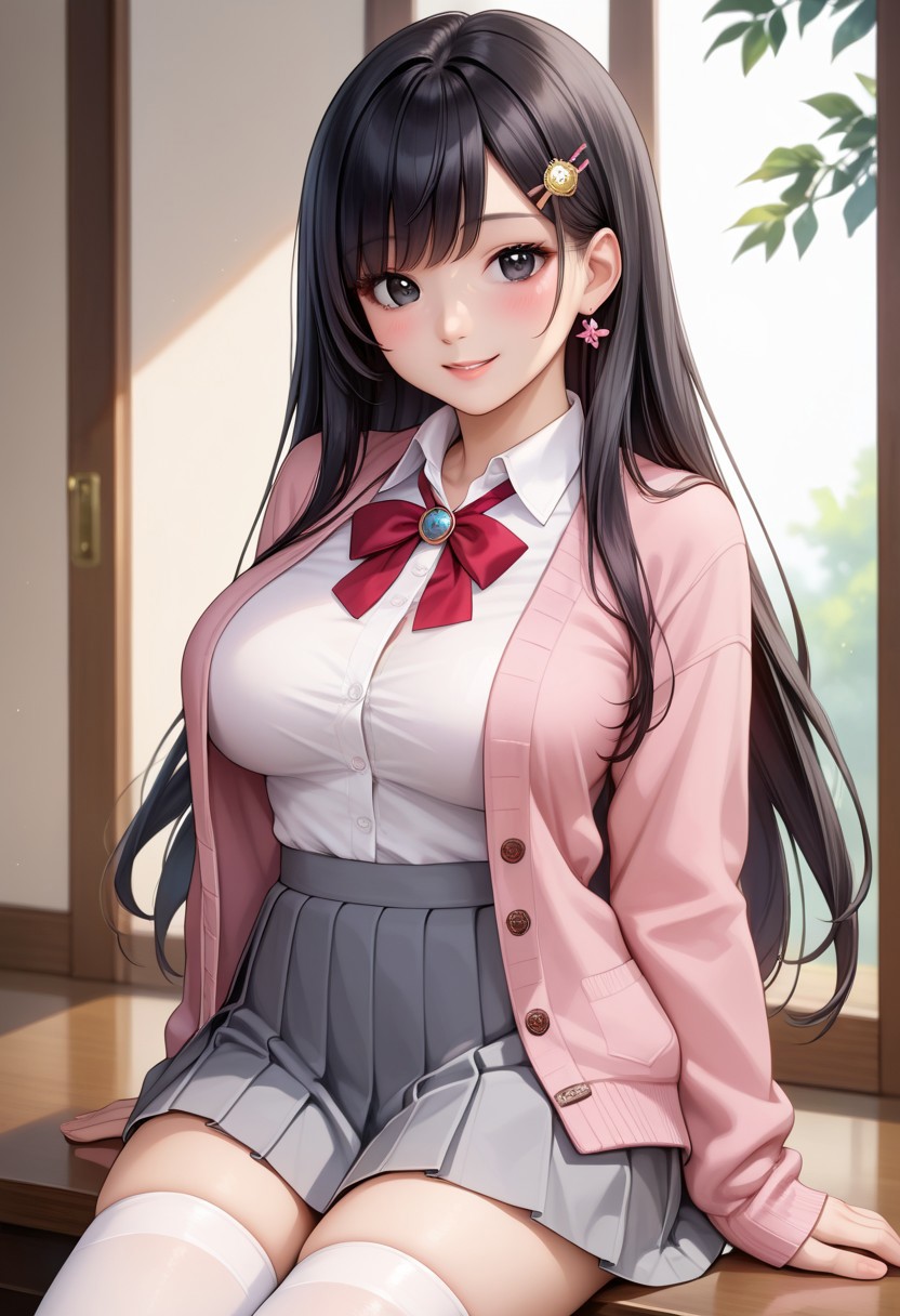 score_9, score_8_up, score_7_up, source_anime, 
detailed eyes, eye reflection,
japanese girl,
black eyes, black hair, long hair, princess cut, bangs, hairpin,
large breasts,
pink cardigan, open cardigan, neck ribbon, red ribbon, collared shirt, white shirt, long sleeves,
skirt, pleated skirt, grey skirt,
thighhighs, white thighhighs,
1girl, blush, smile,