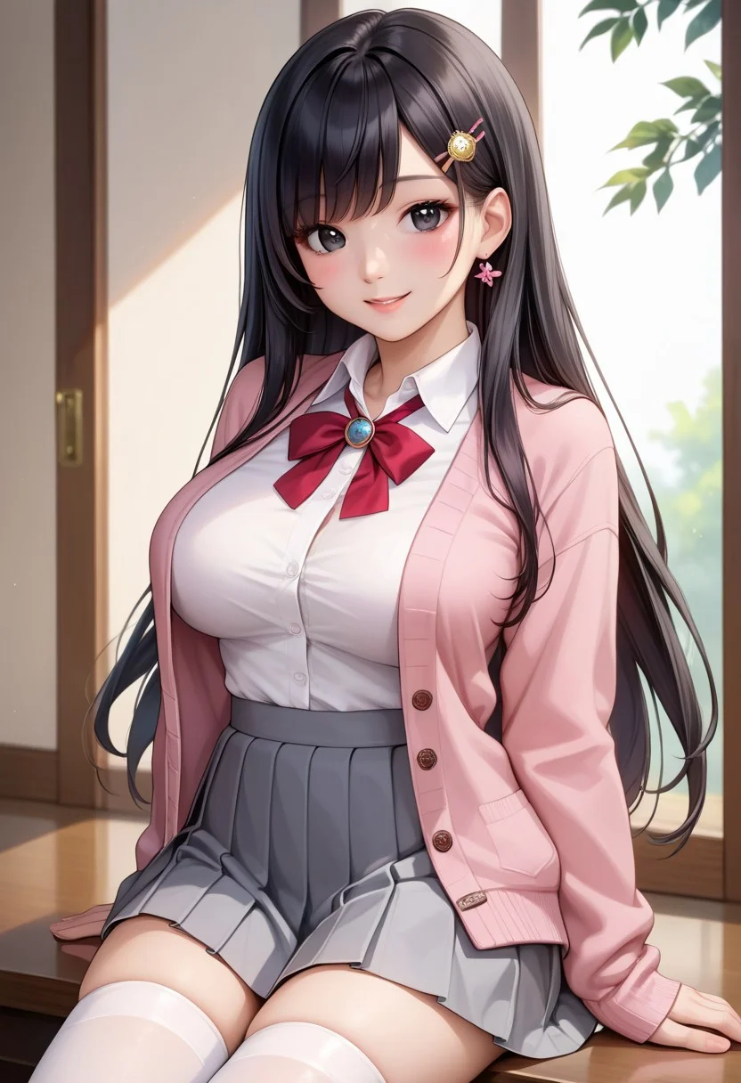 score_9, score_8_up, score_7_up, source_anime,
detailed eyes, eye reflection,
japanese girl,
black eyes, black hair, long hair, princess cut, bangs, hairpin,
large breasts,
pink cardigan, open cardigan, neck ribbon, red ribbon, collared shirt, white shirt, long sleeves,
skirt, pleated skirt, grey skirt,
thighhighs, white thighhighs,
1girl, blush, smile,