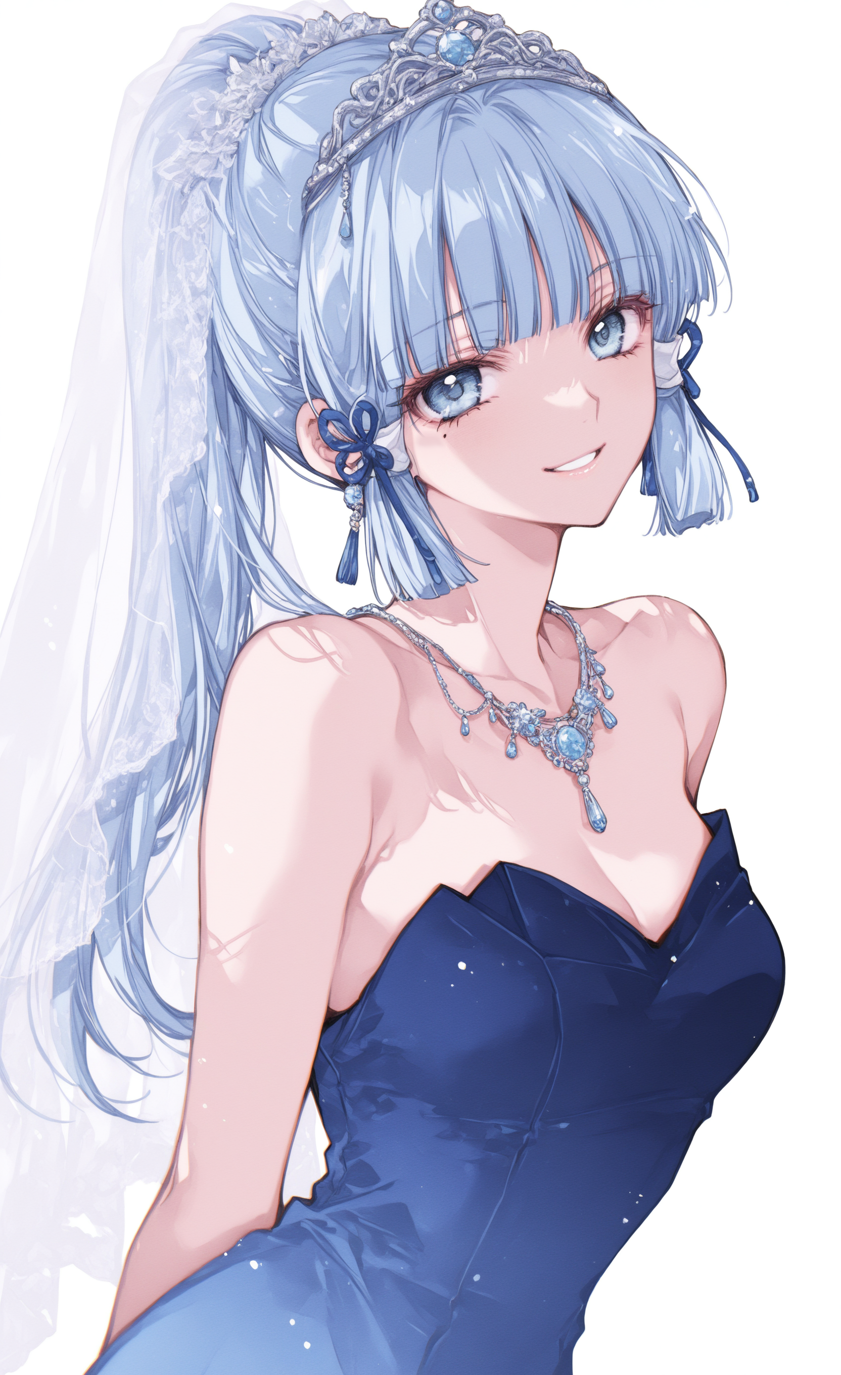 masterpiece,best quality,amazing quality,kamisato ayaka, 1girl, solo, long hair, looking at viewer, smile, blue eyes, simple background, hair ornament, white background, dress, jewelry, bare shoulders, blue hair, upper body, ponytail, sidelocks, earrings, parted lips, alternate costume, blunt bangs, necklace, mole, strapless, mole under eye, blue dress, arms behind back, tiara, veil, strapless dress, light blue hair, bridal veil, blunt tresses, tanemura arina,
ma1ma1helmes_b_illu, <lora:ponyv6_noobE11_2_adamW-000017:0.3> <lora:XXX667:0.6> <lora:96YOTTEA-WAI:0.5> <lora:TanemuraArinaIllustriousV1:0.8>