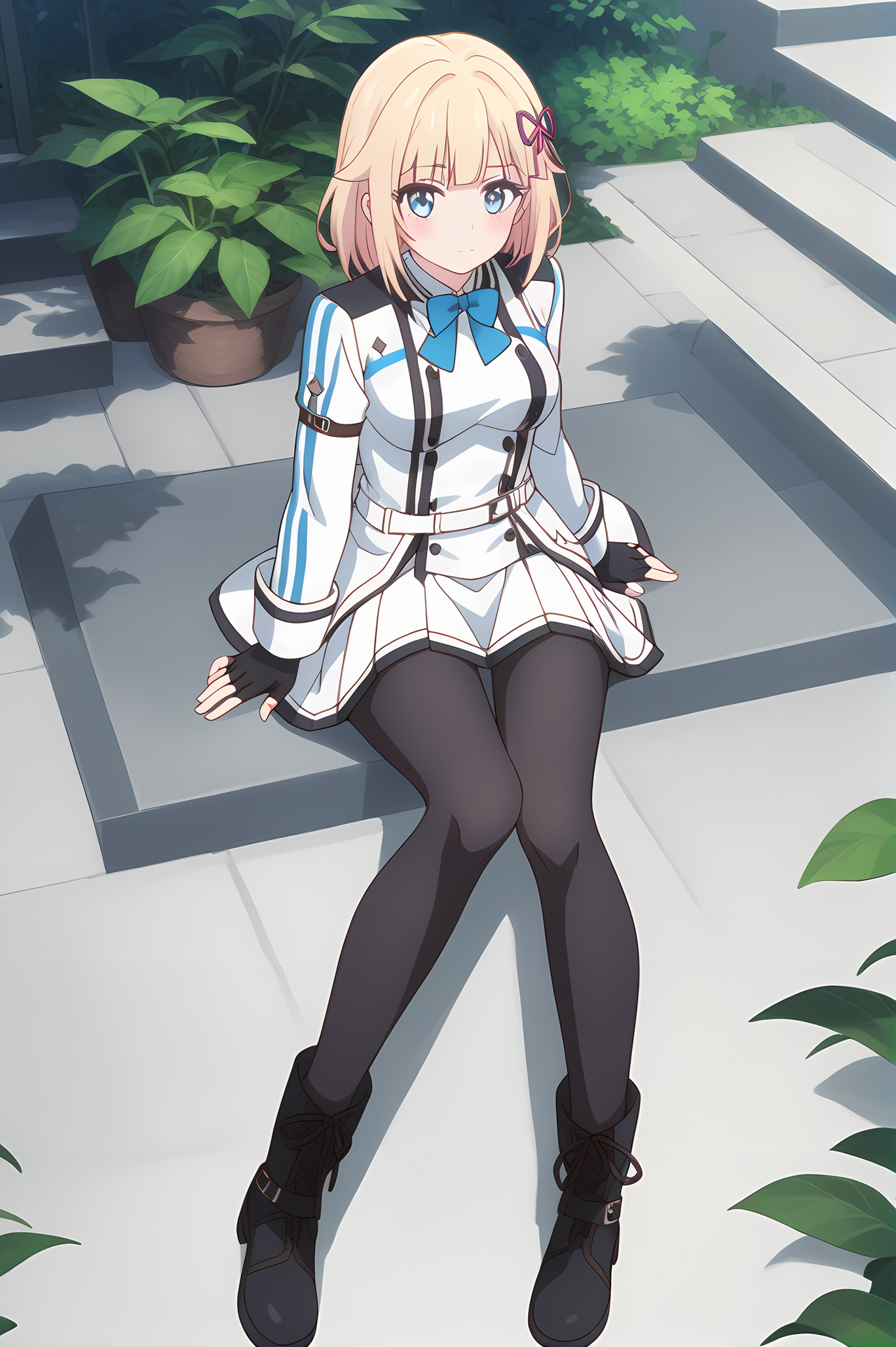 (white jacket white skirt black pantyhose fingerless gloves black boots:1.20), gg-pearl, blonde hair, blue eyes, medium hair, hair ornament, medium breasts, 1girl, solo, skinny, score_9, score_8_up, score_8, score_7_up, score_7, score_6_up, score_6, score_5_up, score_5, source_anime, blush, outdoors, (1.3::full body|0.2::sitting|0.4::standing|0.2::lying|straight-on|0.5::close-up|0.1::silent comic|0.1::multiple views:1.20), , <lora:gg-pearl-V01-000003:0.80>