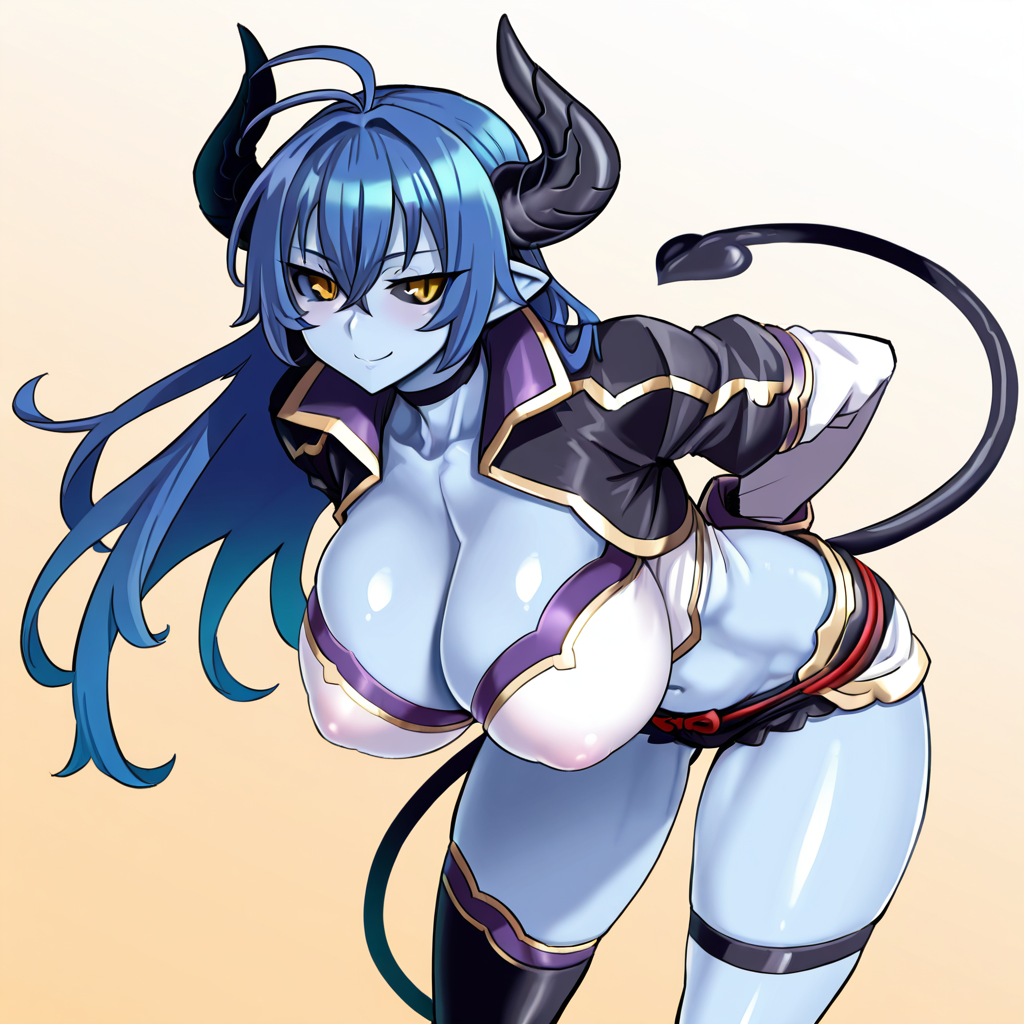 masterpiece, best quality, amazing quality, absurdres, source anime BREAK <lora:Shinrabanshou_Asmodeus_IL:1>shinrabanshou_asmodeus, 1girl, solo, demon girl, demon horns, pointy ears, demon tail, black sclera, colored sclera, yellow eyes, blue skin, colored skin, blue hair, long hair, huge breasts, navel, cleavage, choker, midriff, covered nipples, asymmetrical legwear, single thighhigh, boots, looking at viewer, smile, arms behind back, leaning forward