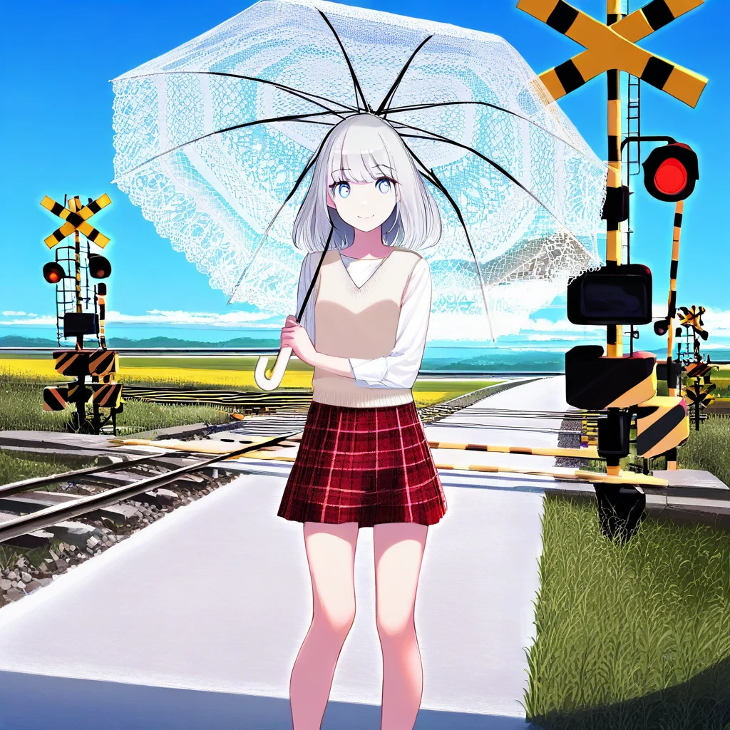 great quality,1girl,solo,scenery,outdoors, blue sky,(railroad crossing), 1girl,casual,fashion, clothes, road,looking at viewer,feet out of frame,full body,holding umbrella,red skirt, plaid skirt,beige vest,white shirt,silver hair,medium hair,blue eyes,white pupils, smile,legs