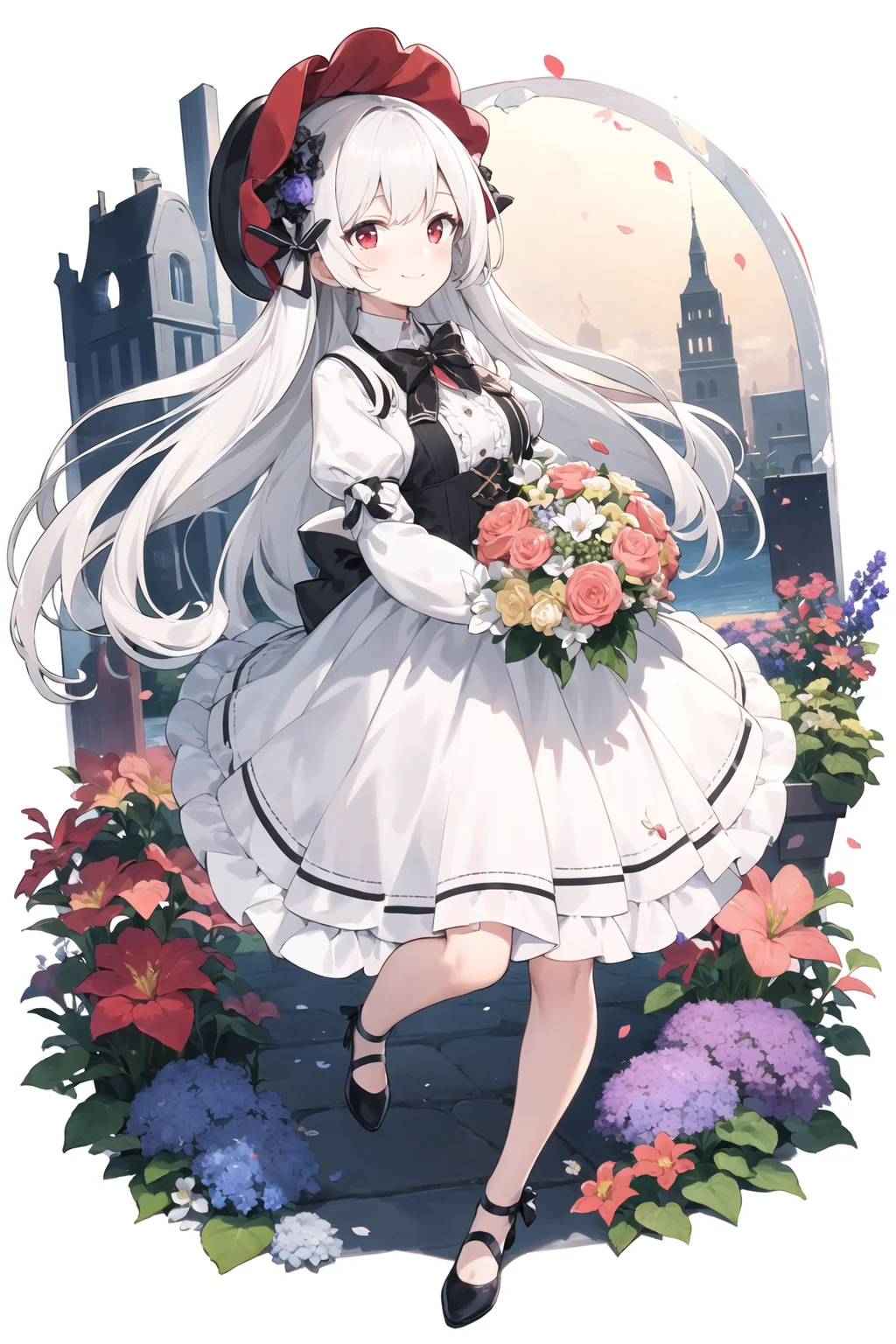 masterpiece, best quality, 1girl, solo, long_hair, looking_at_viewer, white hair, red eyes, smile, bangs, skirt, shirt, long_sleeves, hat, dress, bow, holding, closed_mouth, flower, frills, hair_flower, petals, bouquet, holding_flower, center_frills, bonnet, holding_bouquet, tachi-e, full body, white background, <lora:tachi-e:1>