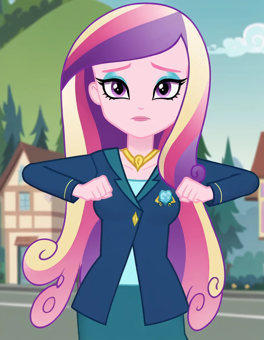 score_9, score_8_up, score_7_up, source_anime, <lora:dean-cadance-movie-ponyxl-lora-nochekaiser:1>, cadance, long hair, very long hair, purple eyes, pink hair, purple hair, multicolored hair, two-tone hair, eyelashes, makeup, eyeshadow, skirt, formal, suit,, village, houses, community, rural, farms, , <lora:mochi-mochi-ponyxl-lora-nochekaiser:1>, mochi mochi dance, clenched hands, hands up,, looking at viewer, solo,, dutch angle, cowboy shot