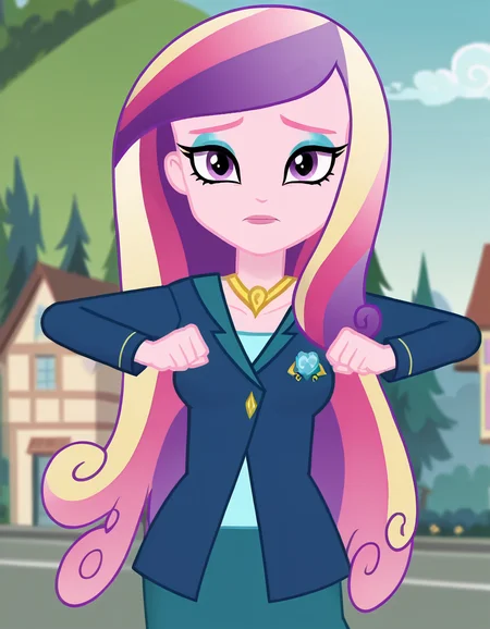 score_9, score_8_up, score_7_up, source_anime, <lora:dean-cadance-movie-ponyxl-lora-nochekaiser:1>, cadance, long hair, very long hair, purple eyes, pink hair, purple hair, multicolored hair, two-tone hair, eyelashes, makeup, eyeshadow, skirt, formal, suit,, village, houses, community, rural, farms, , <lora:mochi-mochi-ponyxl-lora-nochekaiser:1>, mochi mochi dance, clenched hands, hands up,, looking at viewer, solo,, dutch angle, cowboy shot