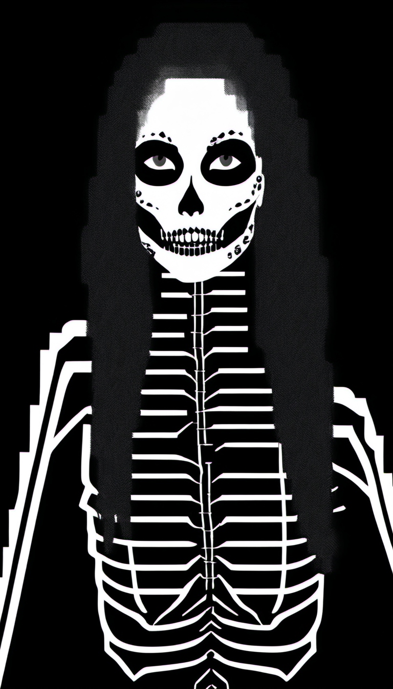 <lora:Epic_ZZT_Ultra_XL:1.2> A woman with skeletal makeup, high-fashion portrait style, striking skull face paint emulating a skeleton, detailed black and white makeup covering face and neck, illusion of a skeletal structure, black hollows around the eyes, nose, and mouth evoking eye sockets and nasal cavity, shaded collarbones and vertebrae mimicking an x-ray effect, matte black attire blending with body art, minimalist backdrop enhancing makeup artistry, gothic-inspired aesthetic, somber yet dynamic expression, light skin tone contrasting with dark makeup, wavy tousled hair adding texture, artistic tribute to Day of the Dead or similar cultural celebrations.