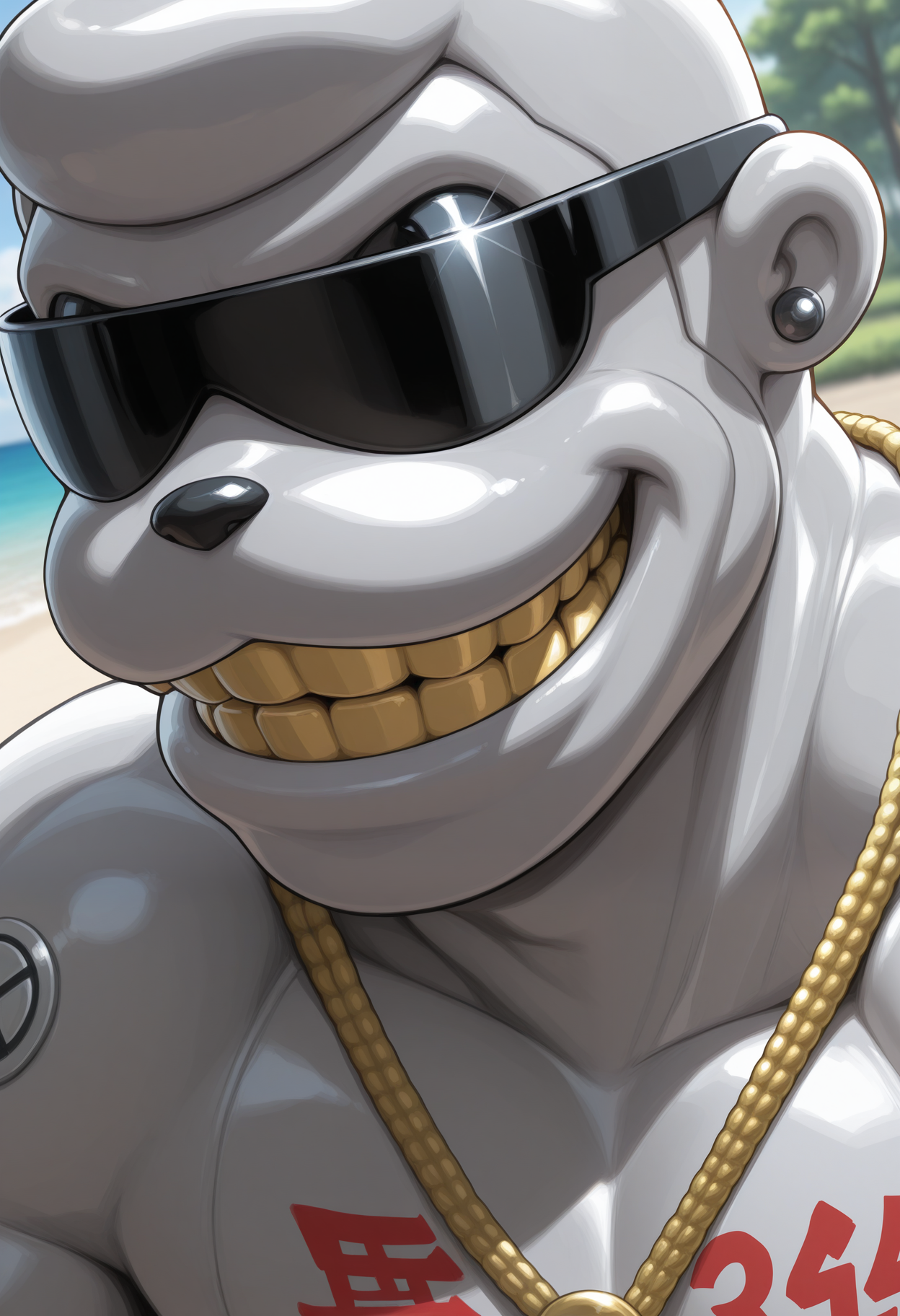 masterpiece,best quality,amazing quality, 1boy, solo, m_3t3m0n, digimon (creature), gold necklace, black sunglasses, close up, side angle, smile, gold teeth,