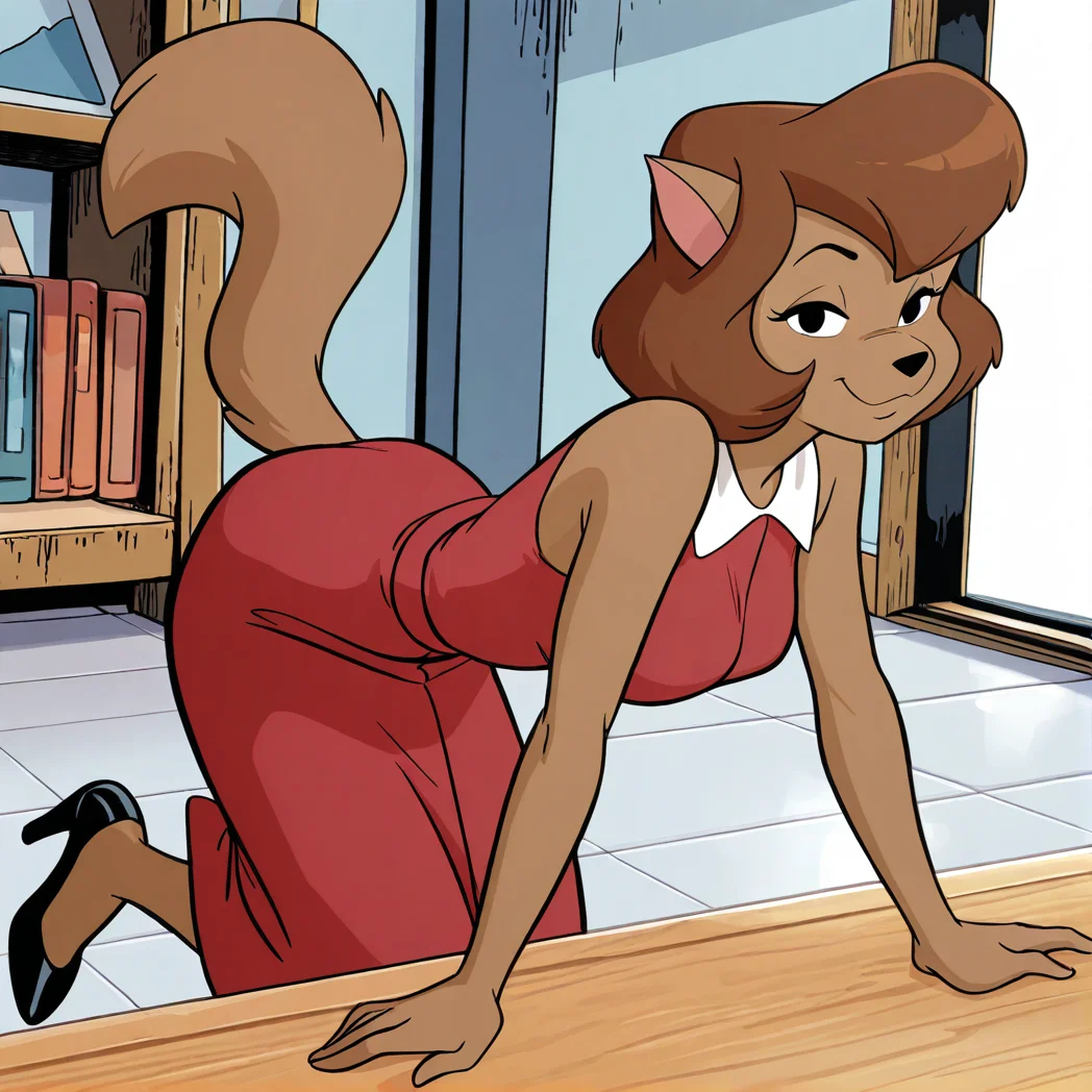 (masterpiece), (best quality), (ultra-detailed), amazing quality, very aesthetic, illustration, perfect composition, intricate details, absurdres, incredibly absurdres, 
 <lora:Abby_Sinian_illustrious:1>, abbysinian, 1girl, solo, brown fur, body fur, furry female, brown hair, short hair, cat ears, cat girl, breasts, wearing red dress, black eyes, tail, indoors,  smile, looking at viewer, black eyes, high heels,