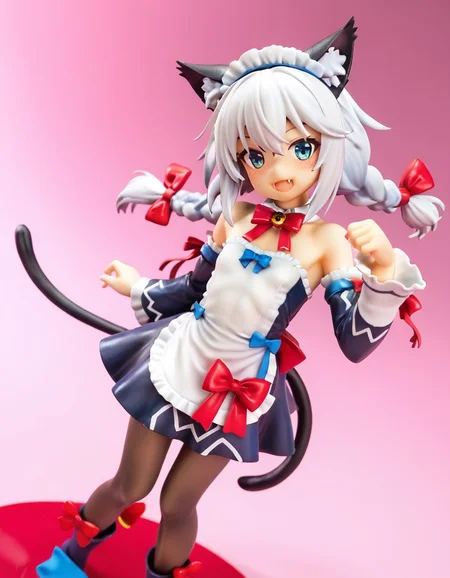 score_9_up, score_9, score_8_up, score_7_up, rating_explicit, 1girl, flat chest, tiny tits,  solo, cute, small breasts, blue eyes, hair between eyes, open mouth, bare shoulders, cat tail, tail, animal ears, breasts, thighs, animal ear fluff, looking at viewer, smile, bow, white hair, pantyhose, blush, tail bow, dress, ribbon, :d, cat ears, kemonomimi mode, detached sleeves, long hair, black pantyhose, braid, cat girl, frills, tail ornament, twin braid, fang, maid headdre,  masterpiece, best quality <lora:Siro9_IllustriousXL:1>