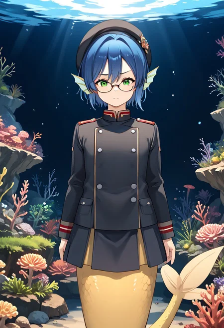 score_9, score_8_up, score_7_up, score_6_up, high resolution, gorgeous, absurdres, best quality, score_anime, anime screencap, expressiveh, shiki 1_style, 1boy, Jacques Marsielle, Blue hair, green eyes, glasses, short hair, ahoge, merman, mermaid tail, head fins, yellow tail, monster boy, military uniform, beret, skirt, scales, underwater, coral reef, embarrased, solo