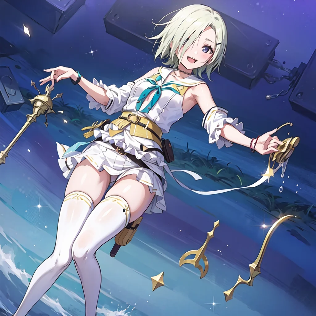 best quality, ultra high res, (photorealistic:1.4), 1girl, full body,bare shoulders, half body under water,cinematic angle,from behind,thigh gap,cleavage,revealing,see-through,professional lighting,thighhighs,sailor collar,necklace,smile,
