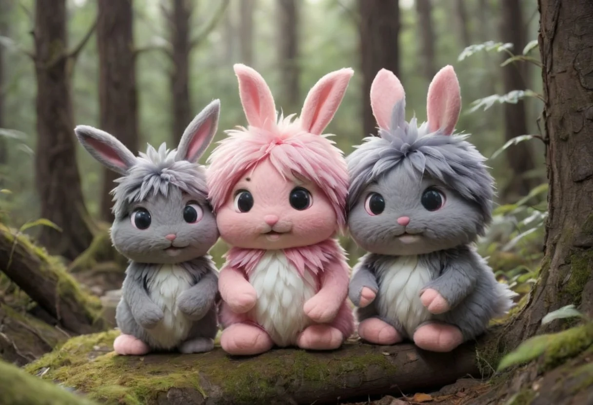 source_anime, Cute wonderful creatures, Microphotography, chibi, cute fluffy rabbits ,pink and grey, in a dreamy forest, ispzxll, In a felt puppet world style,