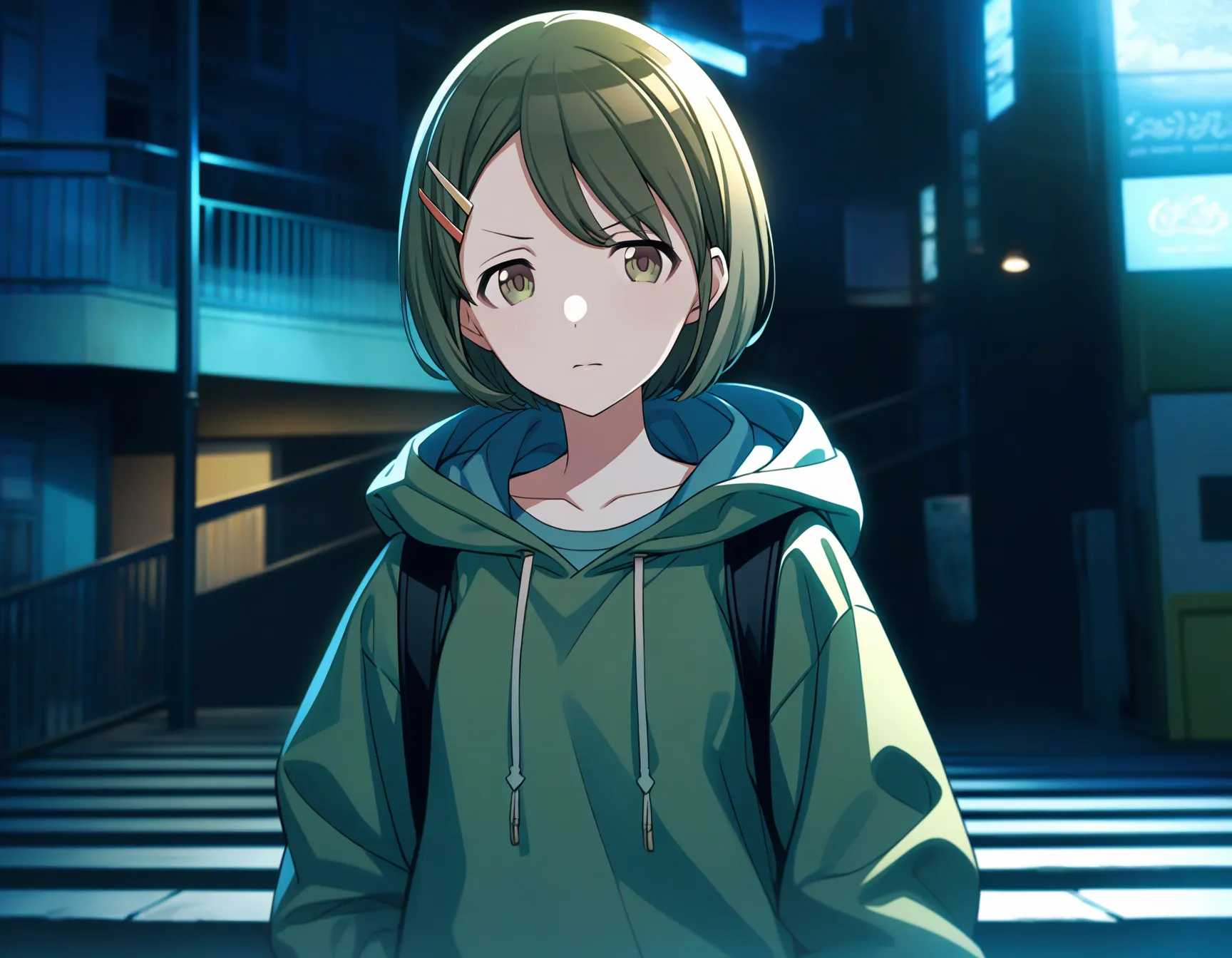 n_nanakusa, 1girl, solo, short hair, green hair, green eyes, angry, swept bangs
from side, midnight, hairclip, collarbone, closed mouth, straight-on, sweater, shorts, sandals, green sweater, long sleeves, shirt, perfect lighting, looking at viewer, hood, upper body, building, hooded jacket, outdoors, hood down, closed mouth, hoodie, looking to the side
masterpiece, best quality, very aesthetic, absurdres
<lora:a31_n_nanakusaXL:1>