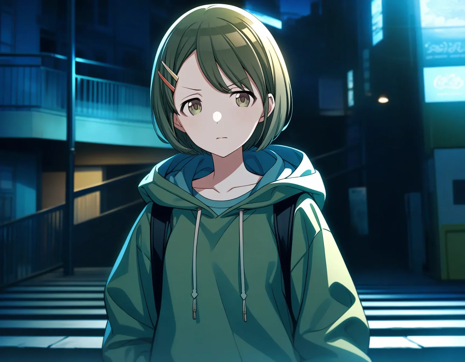 n_nanakusa, 1girl, solo, short hair, green hair, green eyes, angry, swept bangs
from side, midnight, hairclip, collarbone, closed mouth, straight-on, sweater, shorts, sandals, green sweater, long sleeves, shirt, perfect lighting, looking at viewer, hood, upper body, building, hooded jacket, outdoors, hood down, closed mouth, hoodie, looking to the side
masterpiece, best quality, very aesthetic, absurdres
<lora:a31_n_nanakusaXL:1>