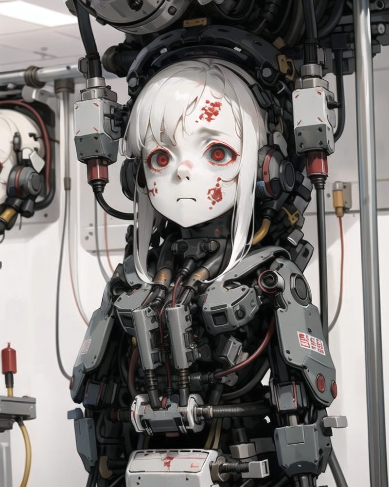 girl,white hair,red eyes,headphones,stuck in wall,restraints,trapped,machine,brainwashing,pumps and tubes,wires,(docking station:0.7),(assembly line:1.2),laboratory,charging,(expressionless:1.5),<lora:HardSurface_beta:0.7>,<lora:extremely_detailed:0.5>,<lora:Atompunk:0.6>,