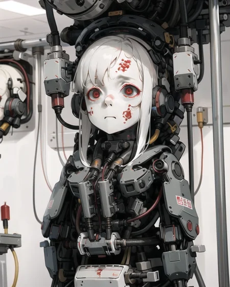 girl,white hair,red eyes,headphones,stuck in wall,restraints,trapped,machine,brainwashing,pumps and tubes,wires,(docking station:0.7),(assembly line:1.2),laboratory,charging,(expressionless:1.5),<lora:HardSurface_beta:0.7>,<lora:extremely_detailed:0.5>,<lora:Atompunk:0.6>,
