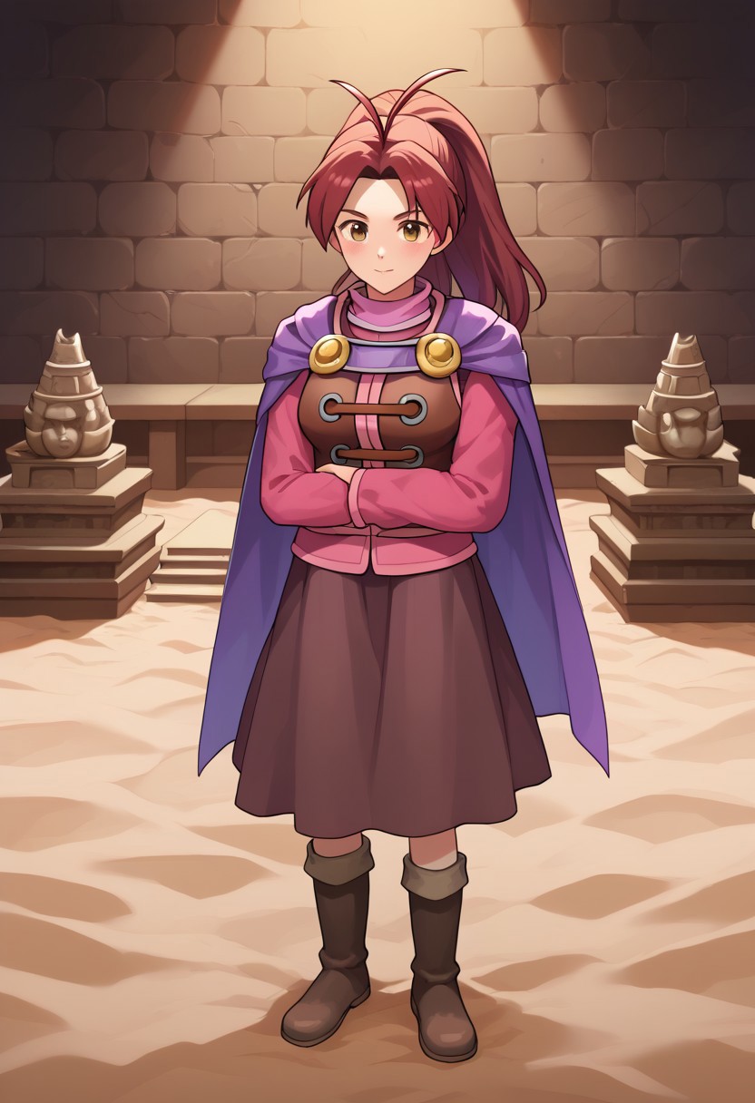 score_8, score_8_up, score_7_up, score_6_up, anime BREAK, 1girl, solo, female focus, gsJenna, brown hair, ponytail, antenna hair, purple cape, vest, pink shirt, long sleeves, brown skirt, boots, full body, BREAK Angkol_ruins, indoors, sand, stone head, statue, ruins, moss,