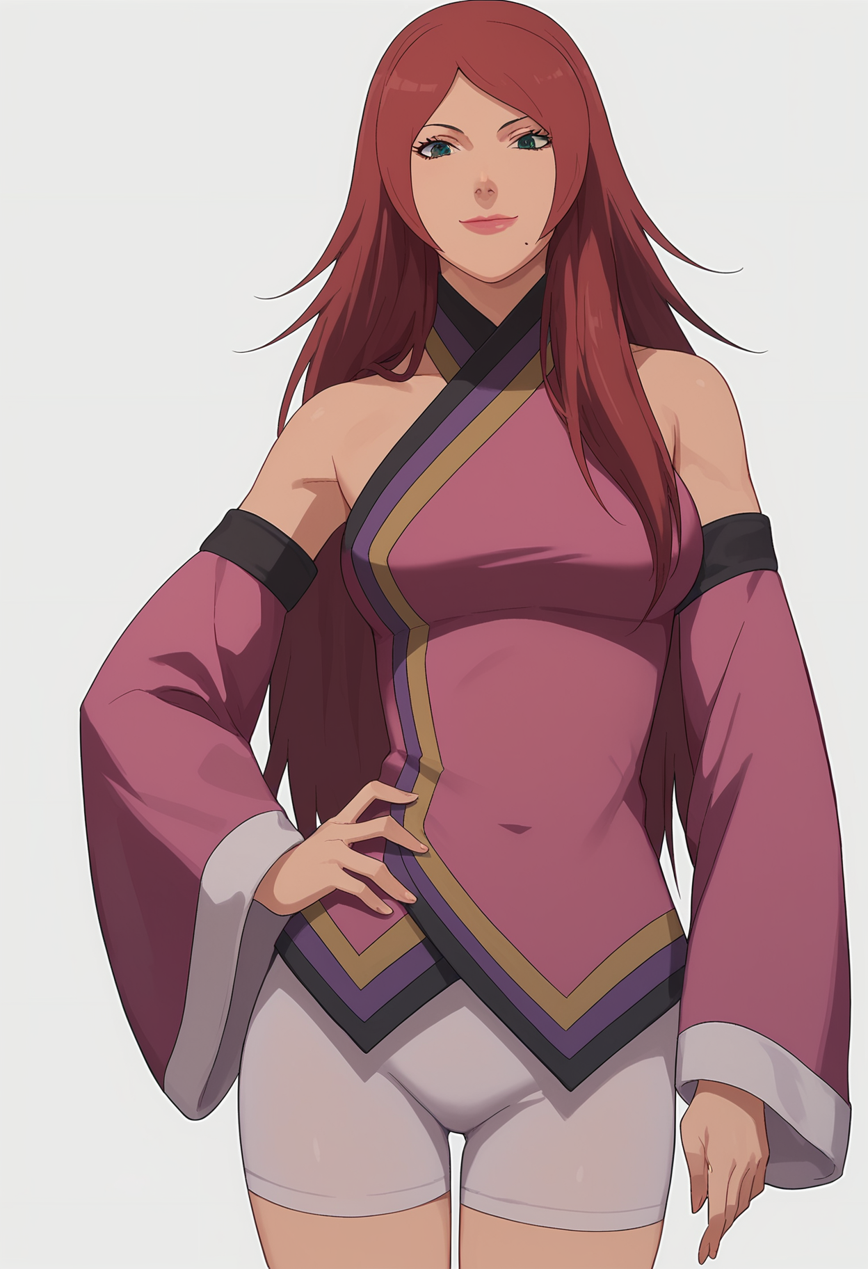 score_9, score_8_up, score_7_up, 
fuka, 1girl, solo, looking at viewer, detached sleeves, bare shoulders, pink japanese clothes, breasts, bike shorts, lipstick, breasts,mole under mouth,
hand on hip,
smile, closed mouth,
simple background, white background,
 <lora:Naruto_Fuka_v2_PXL-000017:1>