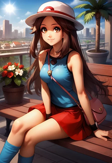 score_9, score_8_up, score_7_up, high resolution, 
solo, 1girl, zzleaf, brown eyes, brown hair, long hair, handbag, pislash, shoulder bag strap between breasts, 
hat, long hair, blue shirt, sleeveless, wristband, red skirt, blue socks, white footwear, white handbag, 
smile, looking up, sitting, legs crossed, 
city, sidewalk, bench, potted plant, sun, bokeh, lens flare, 
best quality, concept art, realistic, Expressiveh, zPDXL2,
