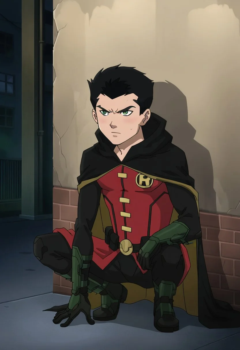 score 9, score 8 up, score 7 up, (1boy), Robin DC comic, black bodysuit, green gloves, cape, black boots, red vest, belt, green eyes, dark alley, black illustration lines, short hair, masculine, squatting ,with a sword , <lora:Robin_-_DC_Animated_Movie_Universe:1>, <lora:RD-MAnon-XLV1.1:1>