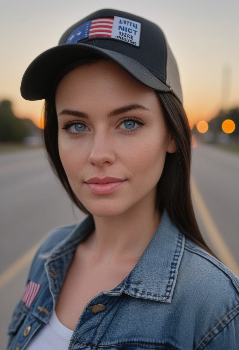 30yo woman holding an American flag.
Blue eyes. perfecteyes 
Wearing Denim jacket trucker hat. 
Long dark black slick back hair. No makeup. Dusk, Street light. Looking at camera POV. Slight smile, tilting head.. Tilt head.
Medium Close Up shot. Bokeh. Bokeh light. semi Blurred background.