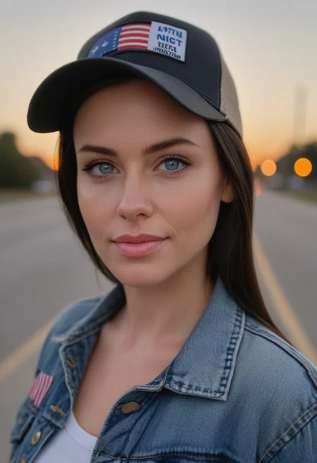 30yo woman holding an American flag.
Blue eyes. perfecteyes 
Wearing Denim jacket trucker hat. 
Long dark black slick back hair. No makeup. Dusk, Street light. Looking at camera POV. Slight smile, tilting head.. Tilt head.
Medium Close Up shot. Bokeh. Bokeh light. semi Blurred background.