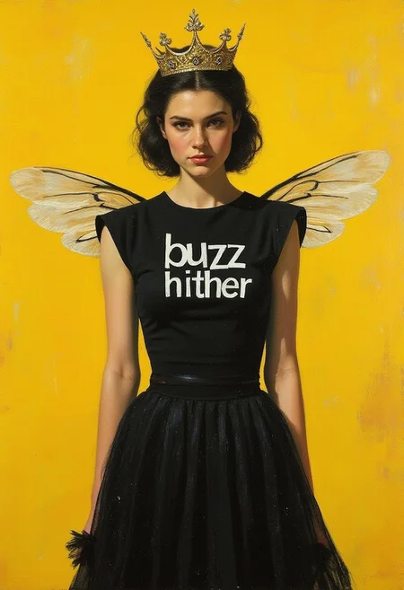 the text on a top reads "buzz hither".
high contrast oil painting by Kramskoy, bright texture, luxury feel,
honey bee queen