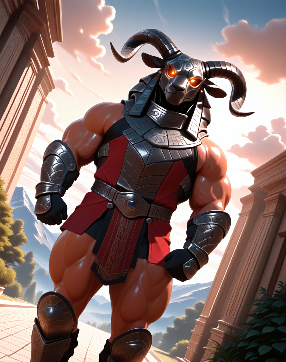 <lora:Jaffa_(Stargate)_(Illustrious)_(AD):1.35> Jaffa, muscular, Stargate,
dutch angle, exterior, vivid sky with fluffy detailed clouds, dynamic pose, dynamic action, bent leg, cowboy shot, nature, 
goat jaffa, Greek mythology, solo, male focus, mighty, powerful, villain, no pants, no shorts, glowing eyes, ancient Greek architecture, hyper muscular, Aires theme, red outfit, subtle Spartan style armor, 
BREAK: very awe, aesthetically pleasing, masterpiece, best quality, amazing quality, vivid colors, absurd details, 
BREAK: lazympos, lazypos (2),