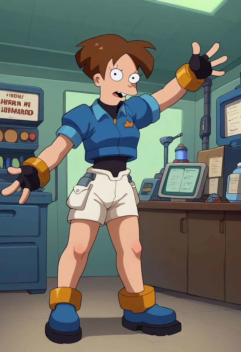 score_9, score_8_up, score_7_up, english text, 1girl, small breasts, brown hair, short hair, circle eyes, dot pupil, overbite, robot ears, black bodysuit, fingerless gloves, blue Cropped Jacket, cropped jacket, short sleeves, bracelet, shorts, anklet, shoes, blue footgear, henshin pose, arm up, looking at viewer, legs apart, outstretched arm, standing, source_cartoon, futuramastyle, indoors, laboratory