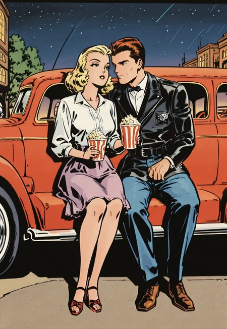 1girl, 1boy, hetero couple, 1950s, on a date, BREAK, 

(1girl, poodle skirt, white blouse, saddle shoes, curly blonde hair), BREAK,

(1boy, leather jacket, slicked-back hair), BREAK,

(inside a car, sitting in a vintage car), sharing popcorn, leaning close, looking at each other with affection, BREAK,

(outdoors, 1950s, drive-in theater, vintage car, movie screen in the background:1.4), starry sky, BREAK,

vintage romance comic, muted colors, neutral palette, sepia tones, ink crosshatching, Art Deco, Art Nouveau curves, official style, original art style, (safe_pos, fine texture, masterpiece, ultra-detailed, very aesthetic, absurdres, volumetric lighting, scenery), BREAK.