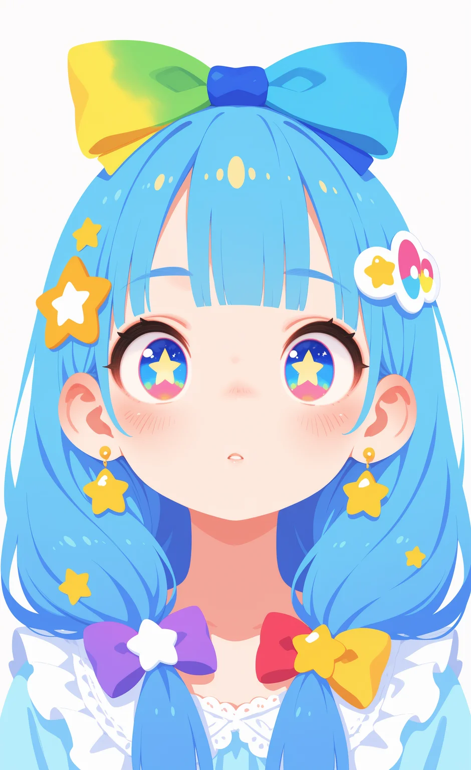 masterpiece,best quality,amazing quality, 1girl, solo, long hair, blue eyes, blue hair, multicolored eyes, looking at viewer, blush, parted lips, hair ornament, bow, jewelry, hair bow, earrings, blunt bangs, star \(symbol\), star-shaped pupils, symbol in eye, star in eye, close-up,portrait, eye focus, Colorful themes,High Saturation, haiz_ai, no lineart,no outline, <lora:ponyv6_noobE11_2_adamW-000017:0.3> <lora:MeMaXL4:0.8> <lora:veluflora-wai:0.35> <lora:haiz_ai_illu:0.7>