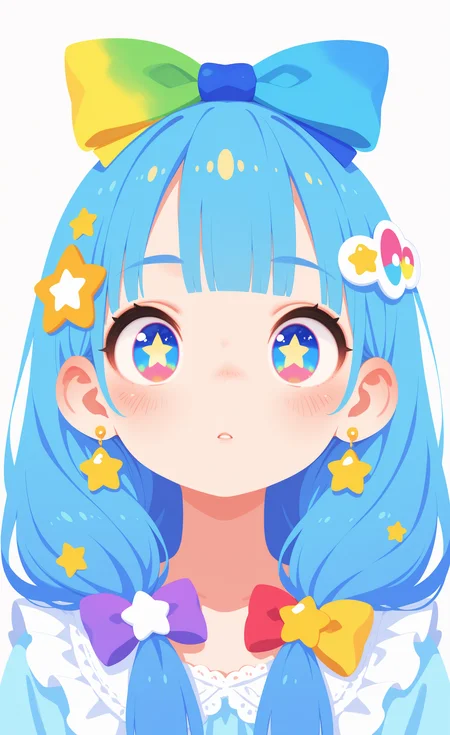 masterpiece,best quality,amazing quality, 1girl, solo, long hair, blue eyes, blue hair, multicolored eyes, looking at viewer, blush, parted lips, hair ornament, bow, jewelry, hair bow, earrings, blunt bangs, star \(symbol\), star-shaped pupils, symbol in eye, star in eye, close-up,portrait, eye focus, Colorful themes,High Saturation, haiz_ai, no lineart,no outline, <lora:ponyv6_noobE11_2_adamW-000017:0.3> <lora:MeMaXL4:0.8> <lora:veluflora-wai:0.35> <lora:haiz_ai_illu:0.7>